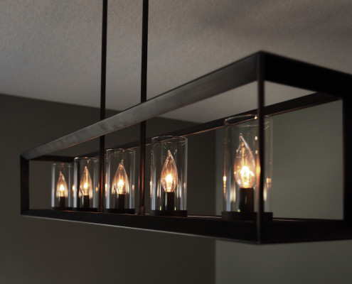 length-wise dining room table hanging fixture. On a dimmer switch for perfect ambiance! By House of J Interior Design. Edmonton, Alberta.